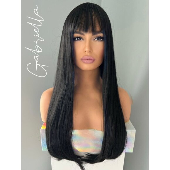 Long Black 24 inch Silky Straight Synthetic Wig with Bangs - Picture 2 of 5